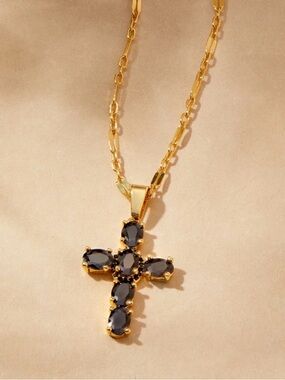 Gold Noir Cross Necklace with Black Crystals